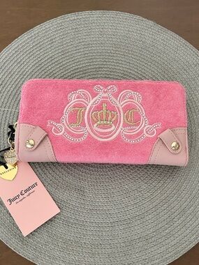 Juicy Couture Pink Suede Crown Embroidered Zip-Around Wallet